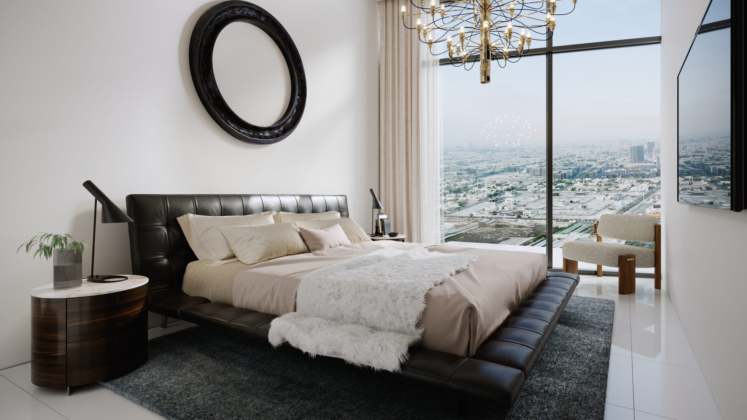 Residence bedroom with floor to cieling windows and ample space