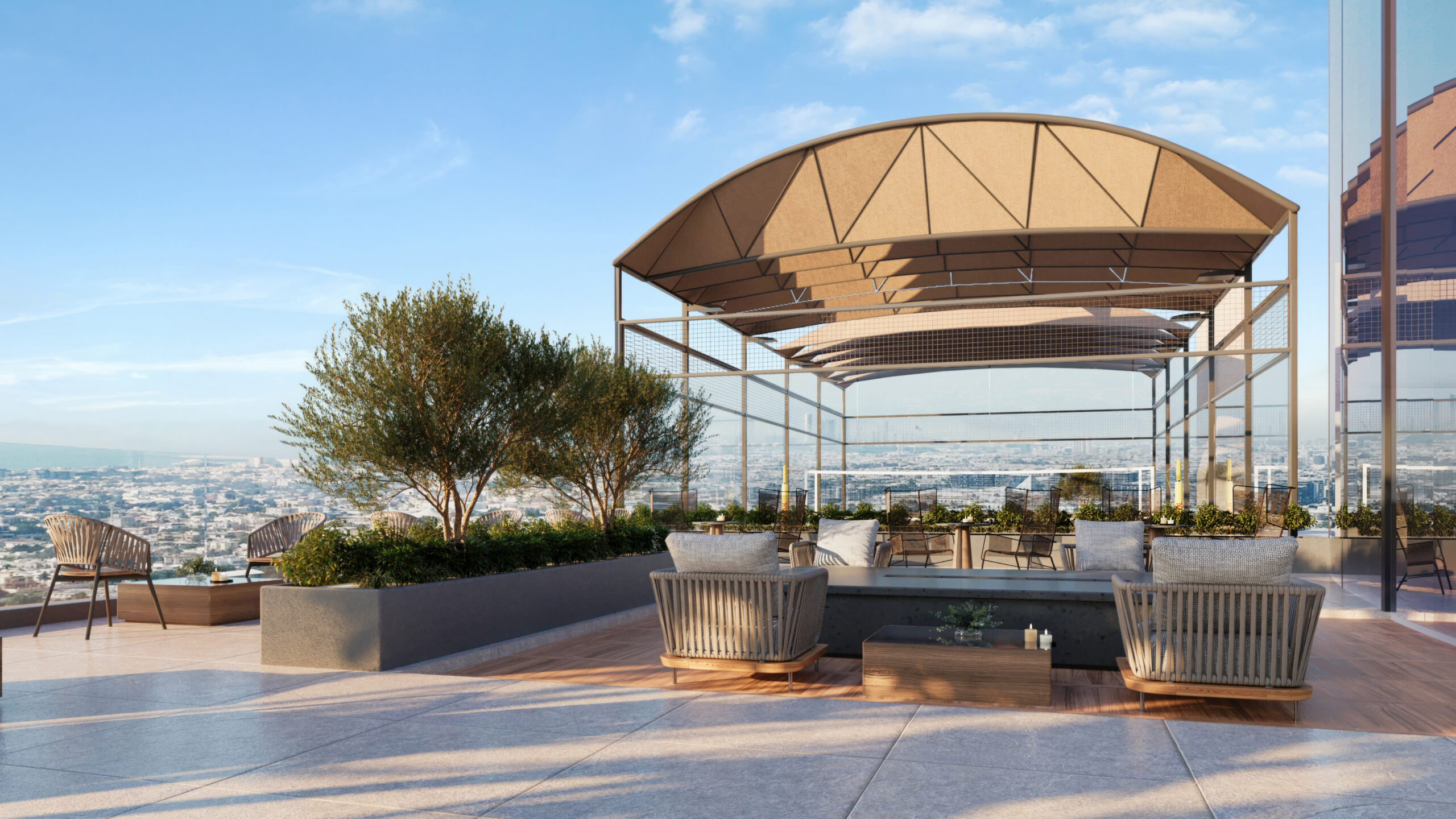 Padel courts and outdoor terrace with 270 degree views of Dubai