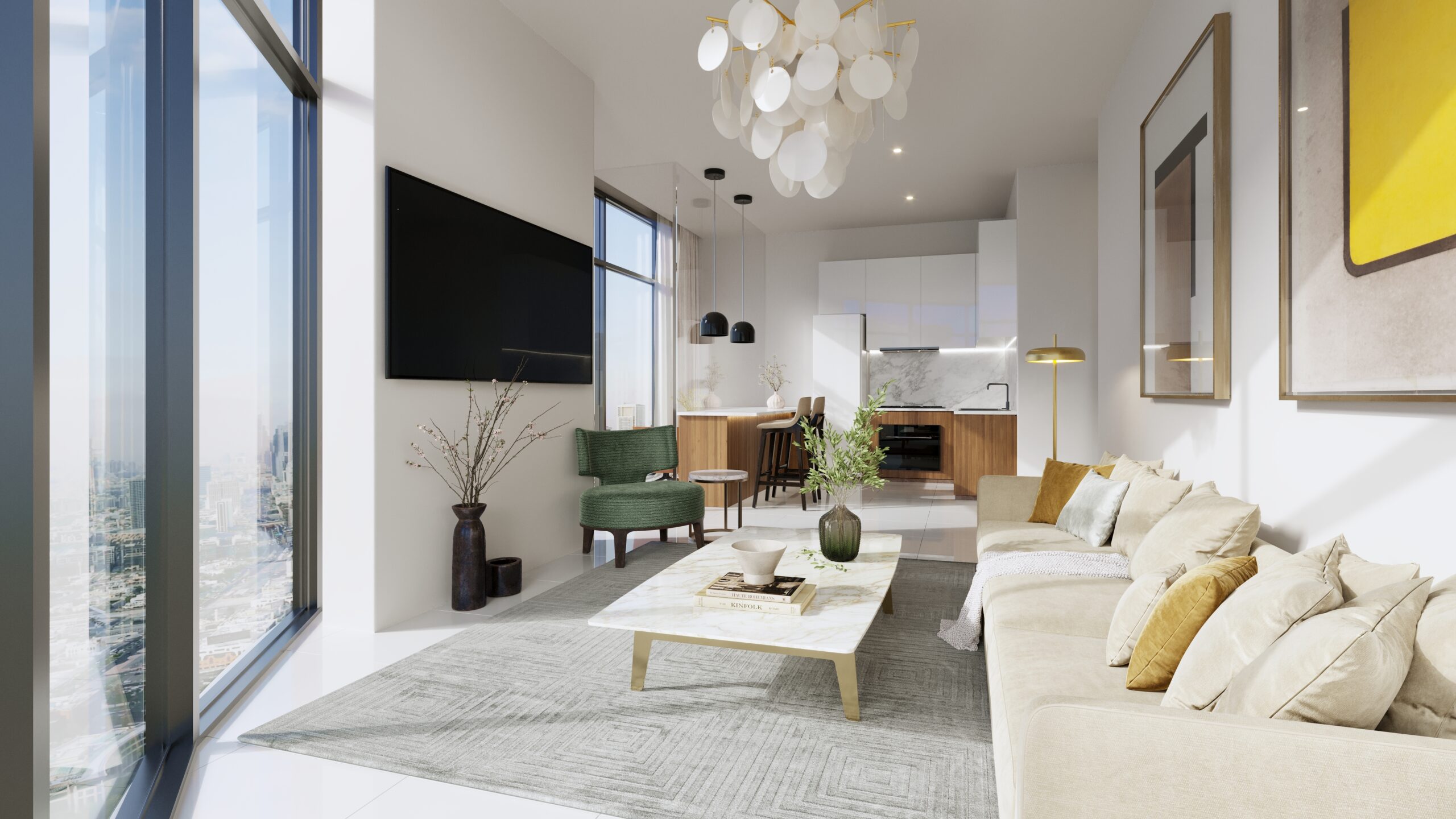 Living room and kitchen with premium white goods and appliances and floor to ceiling windows with ample light