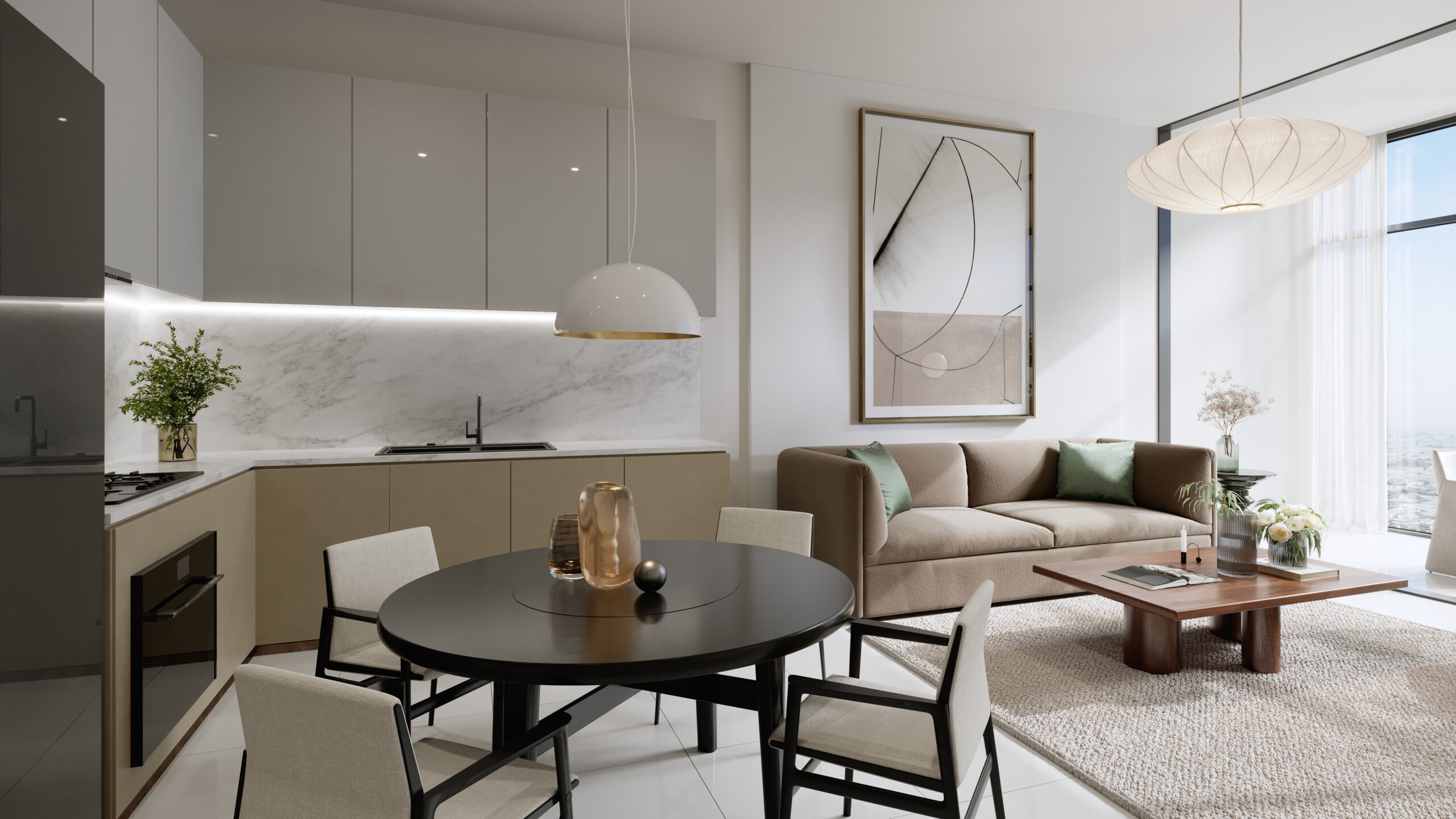 Kitchen and dining room space over looking the skyline