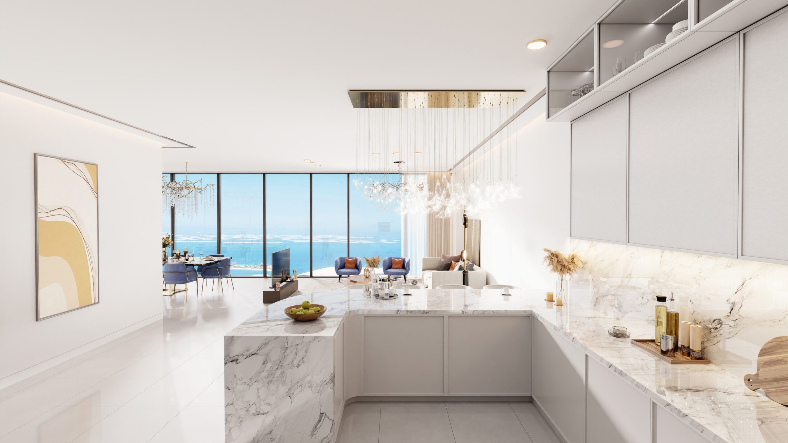 Kitchen, Living Area and Dining Room with floor to ceiling windows